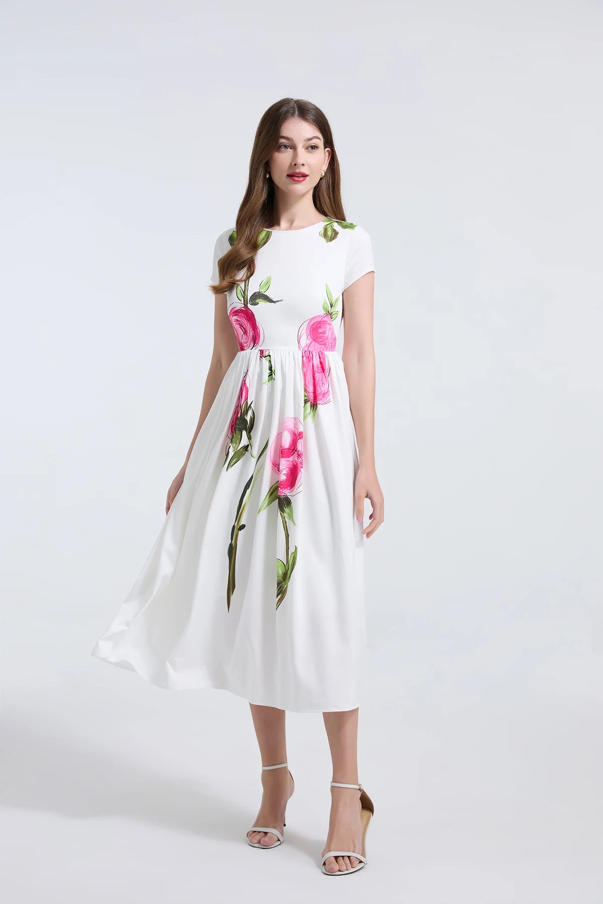 Summer French Women's Retro Pink Flower Waist Cinching Slimming Big Swing Dress Elegant Anti-aging Short Sleeved Skirt