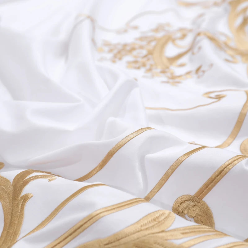 European Luxury White Egyptian Cotton Gold Embroidery Bedding Set Quilt Cover Fitted Bed Sheet Pillowcases Solid Home Textiles