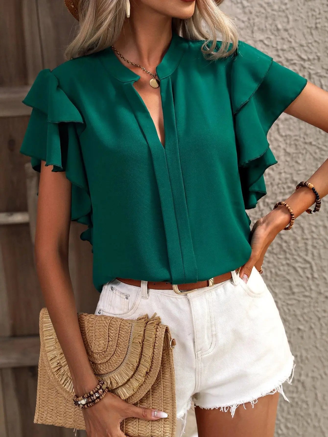 Elegant Women Summer Blouse V-neck Casual Double Layered Ruffle Sleeves