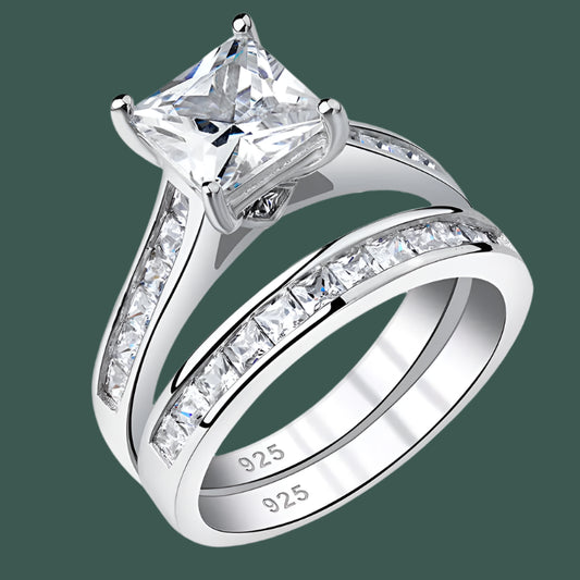 2 Pieces Classic Wedding Rings Set for Women 7*7mm Princess Cut AAAAA Zircon 925 Sterling Silver Engagement Ring Jewelry
