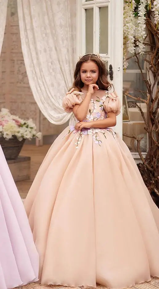 Flower Girl Dress Applique Short Sleeve Puffy Tulle With Bow Party Dress