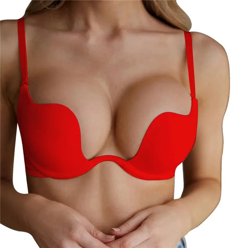 Women Push Up Bra Backless Low Cut Sexy Plunge Brassiere Open Back U-Shape Seamless