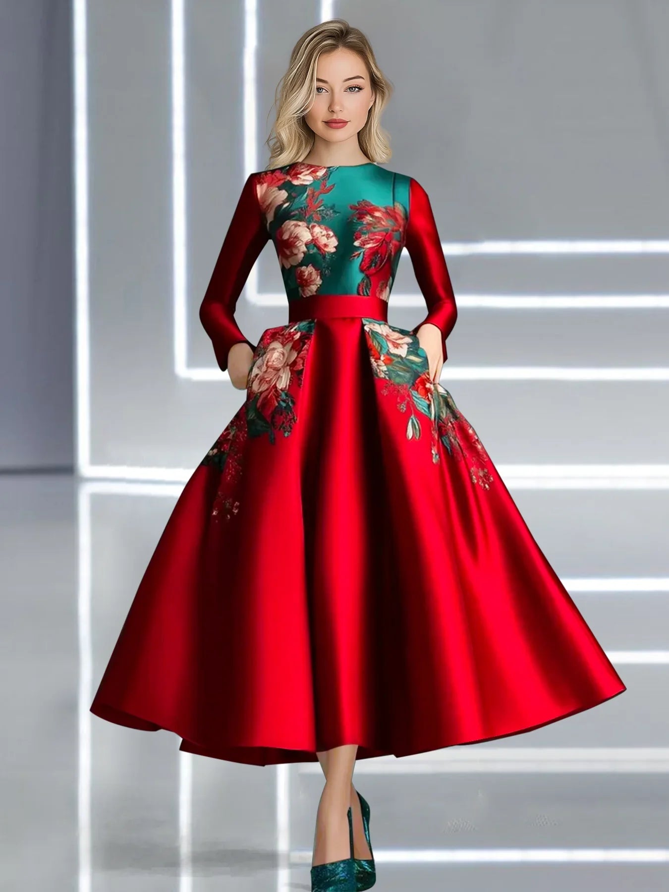 Women Elegant Satin A-Line Long Sleeve Round Neck Floral Printed Pockets Dress