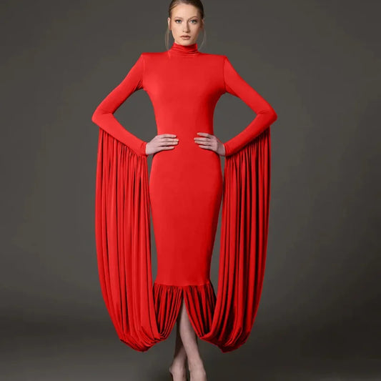 Elegant Women Sexy Long Sleeve Slim Fit Dress High Collar Knee Length