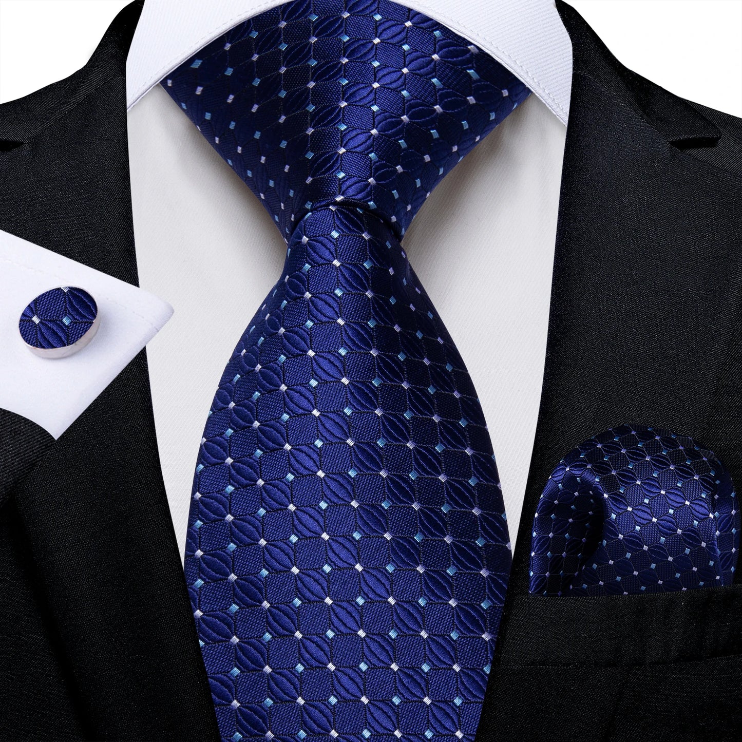 New Classic 100% Silk Men's Ties 8cm Blue Plaid Dot Striped Business Necktie Handkerchief Wedding Party Tie Set
