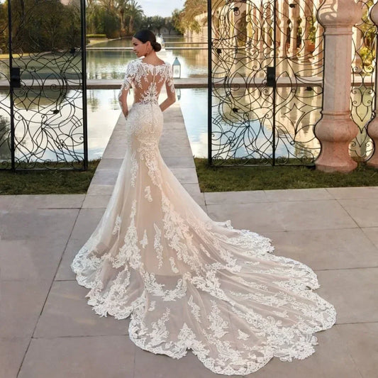 Boho Mermaid Wedding Dress - Long Sleeve Lace Gown Customizable