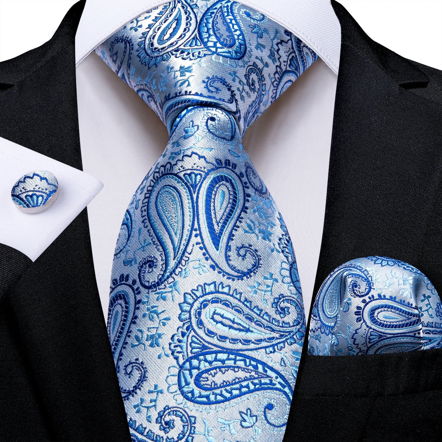 New Classic 100% Silk Men's Ties 8cm Blue Plaid Dot Striped Business Necktie Handkerchief Wedding Party Tie Set