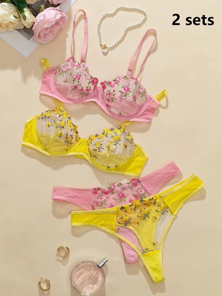 2 Sets Romantic Floral Embroidery Women Lingerie