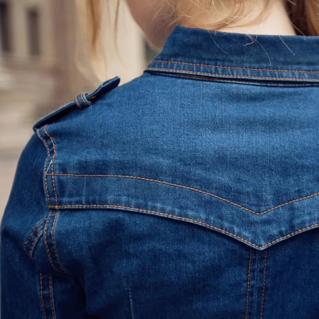 Women Long Sleeve Denim Dress Mid-Cuff Slim Wrap Hip Jean