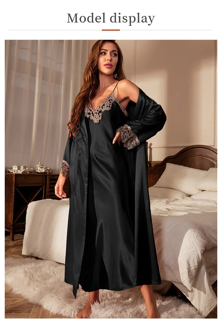 Women Silk Nightgown Set Spring Summer Kimono Bathrobe