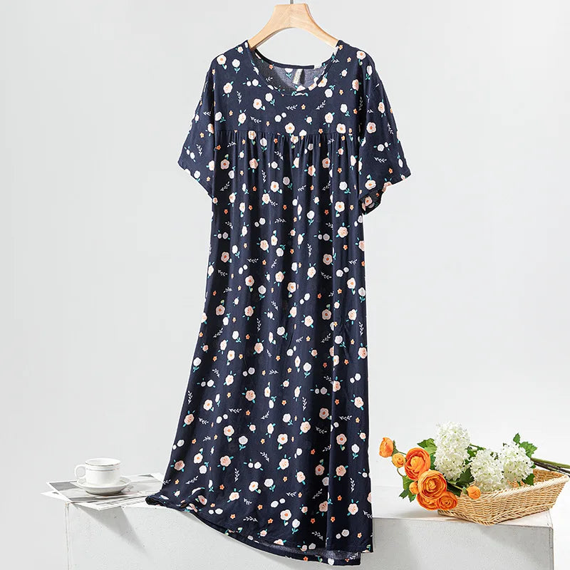 Summer Women Nightgown Short Sleeve Round Neck