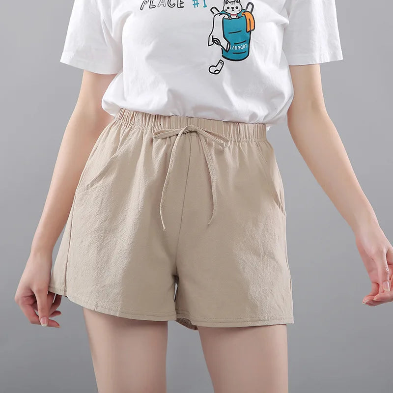 Women Summer Shorts Korean Wide Leg Casual Solid Drawstring Elastic Waist Cotton
