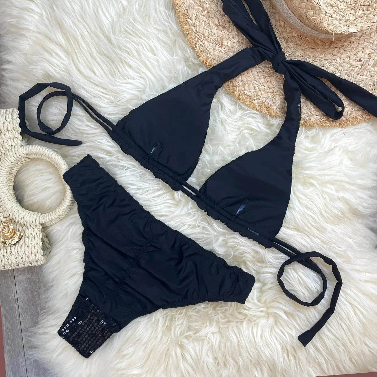 Melphieer Women's Sequins Sparkle Bikini Set Strappy Bandage Ruching Bum Two Piece Swimsuit for Beach Pool Club Holiday Outfits