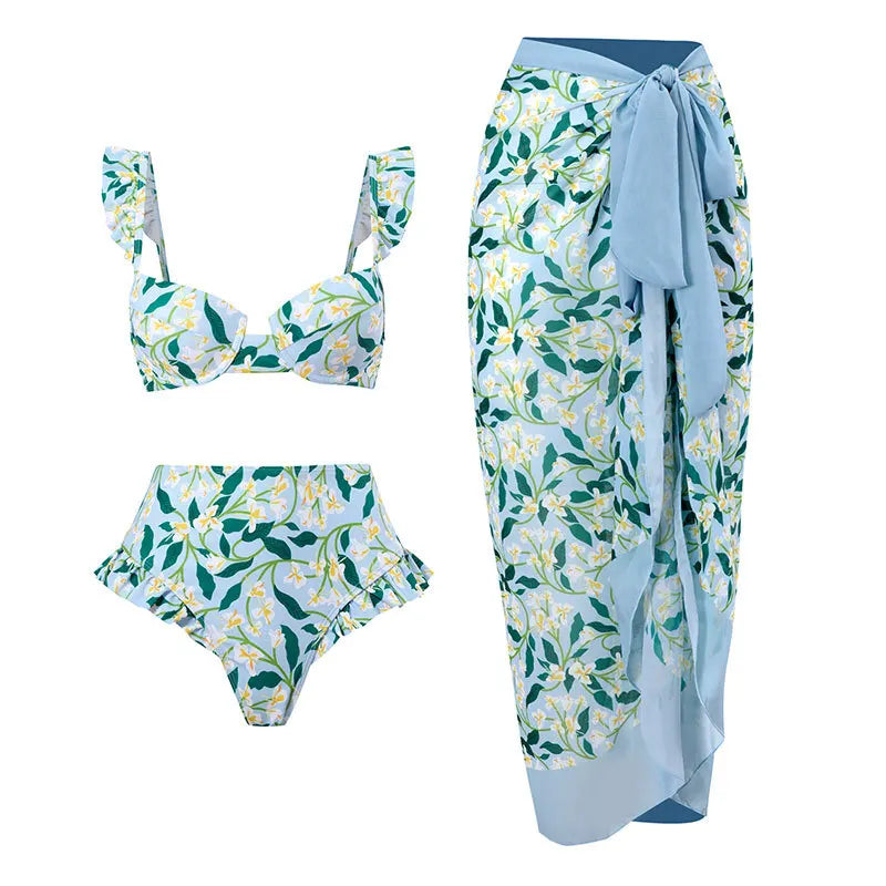 2-Piece Women Brazilian Floral Printed Ruffle Bikinis Strappy Bandage Swimwear