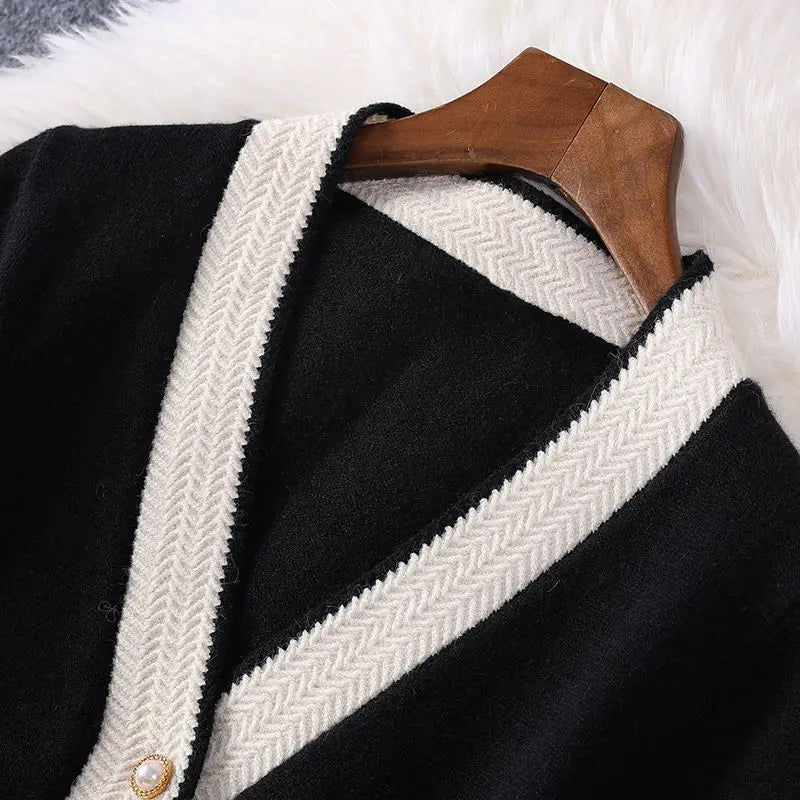 Fashion Knitted Two-Piece Sets Simple V-Neck Single Breasted Cardigan+Loose Wide Leg Pant