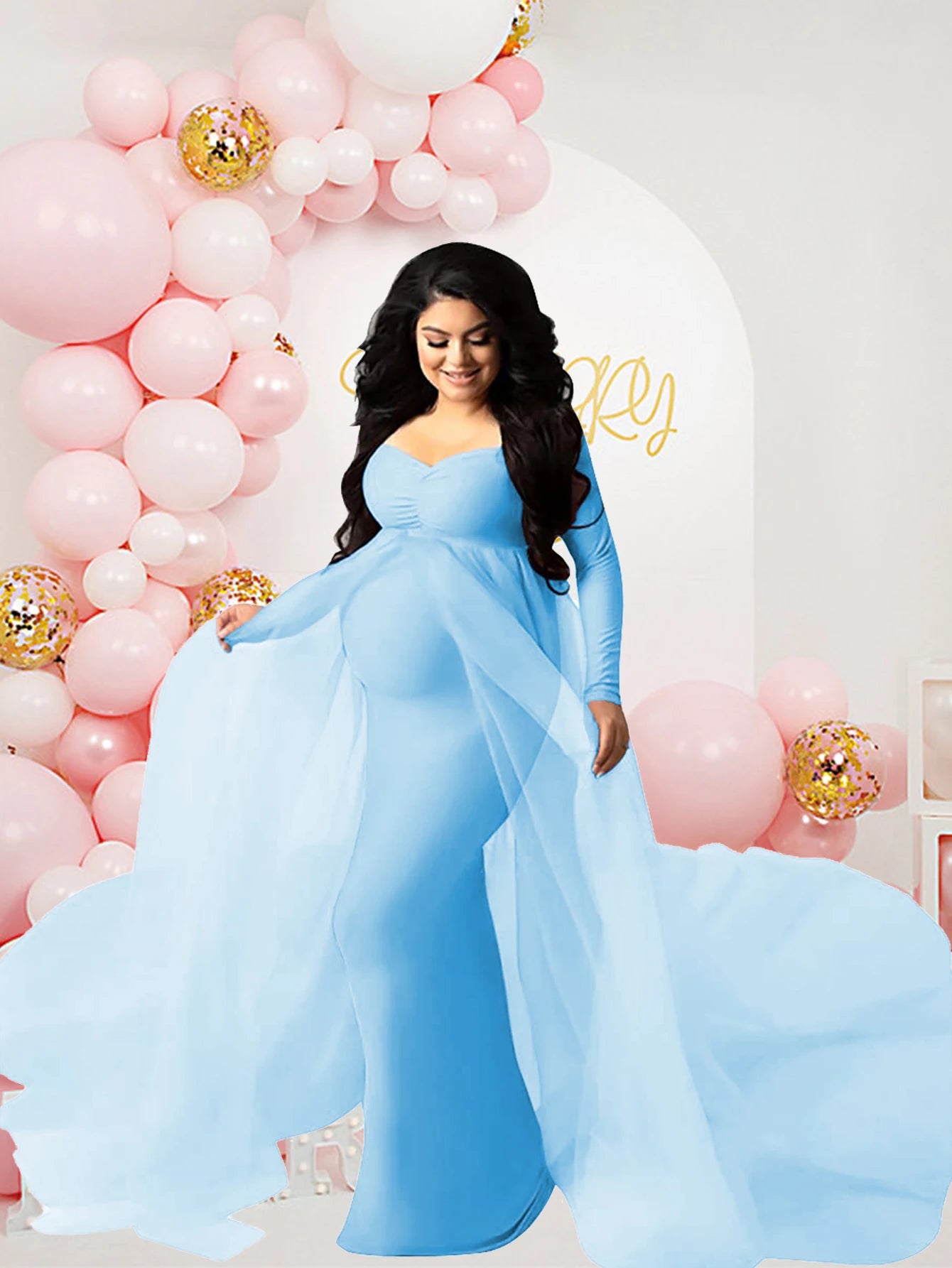 Maternity Long Sleeved Floor Length Mesh Dress