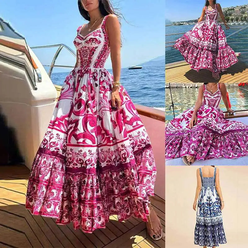 Elegant Summer Bohemian Sling Print Sleeveless A-line Long Dress