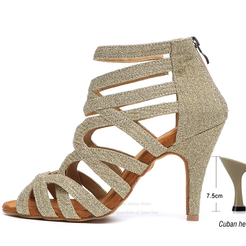 Dance Shoes Latin Gold Sandals For Women Cross straps Comfortable Low heel Square Samba Shoes