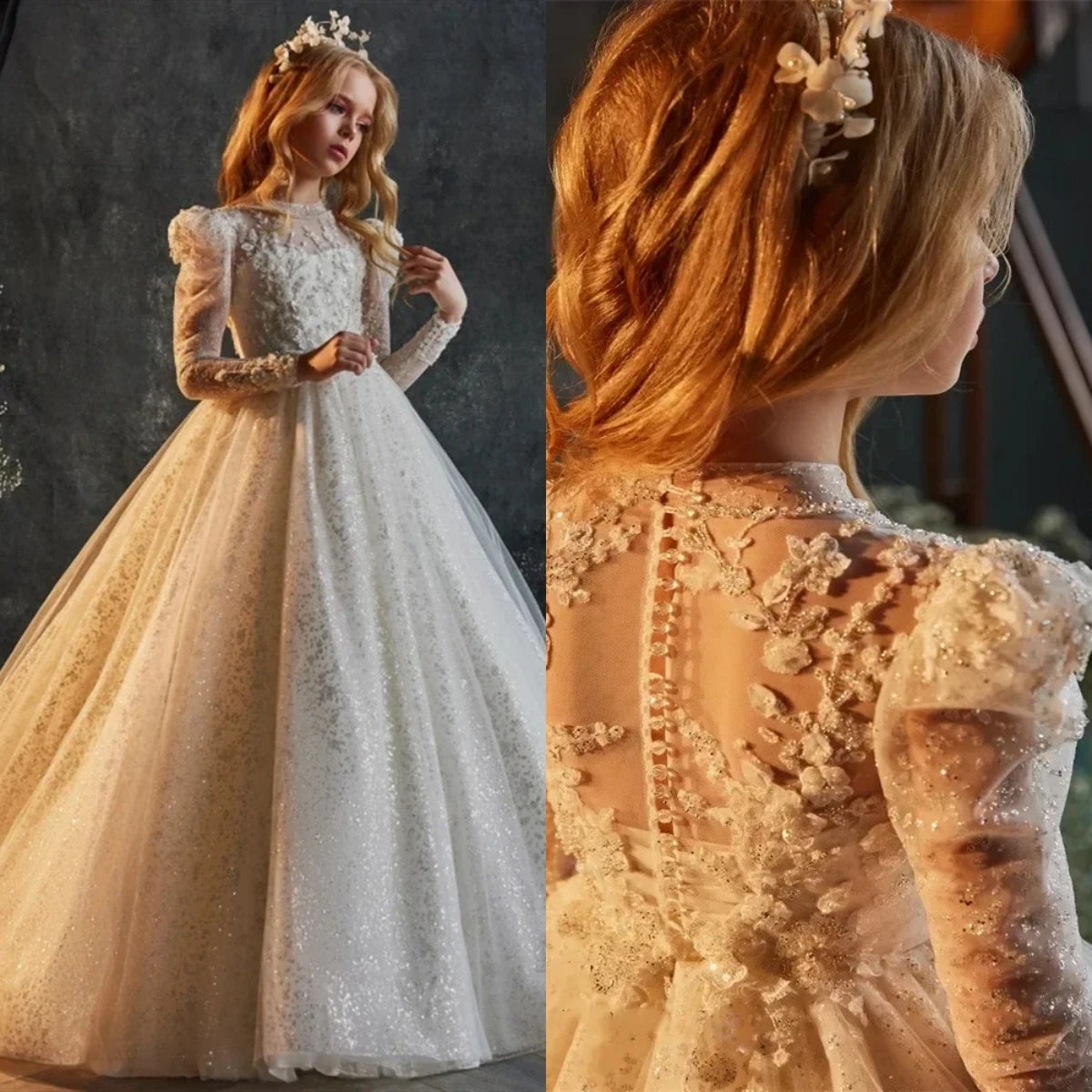Luxury Sequins Flower Girl Dress For Wedding Party Baptism Birthday Gowns Tulle High Neck