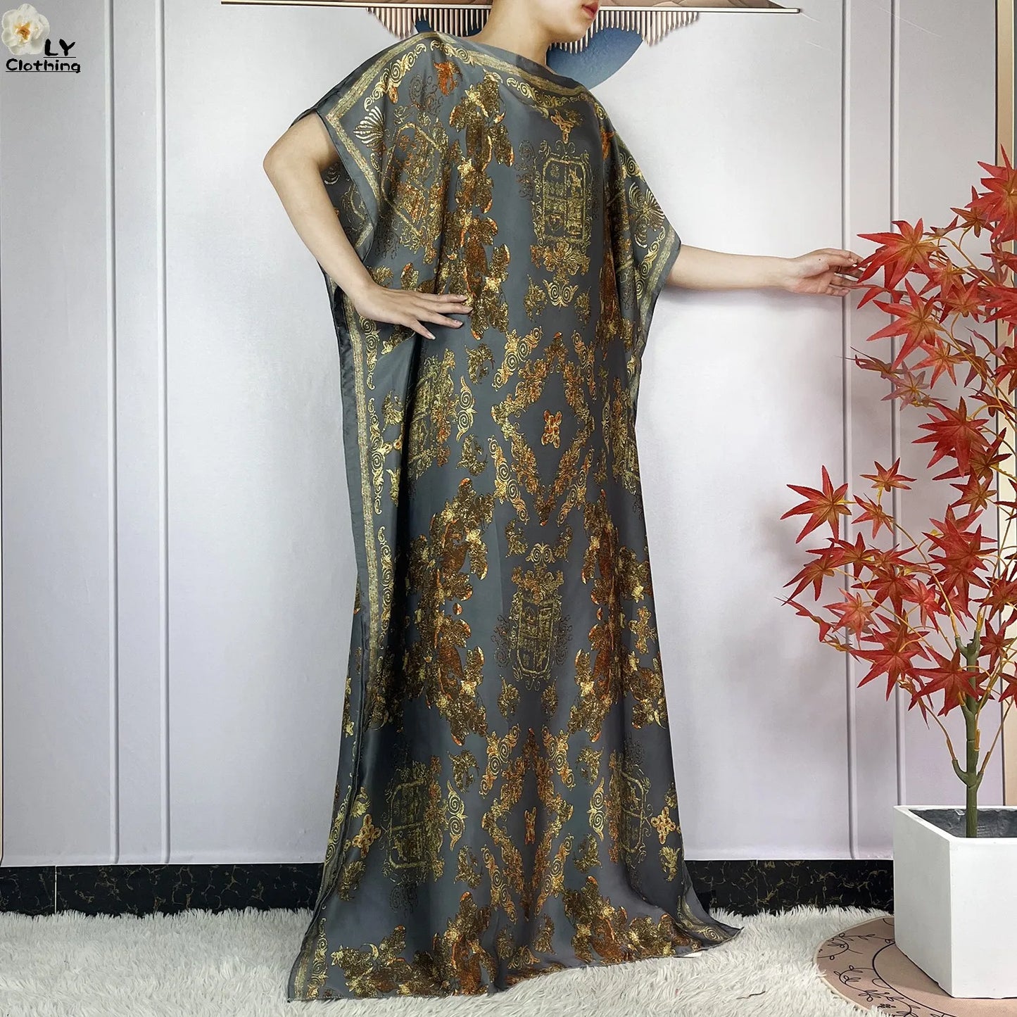 Women Printed Silk Soft Loose Maxi Party Dresses With Belt Turban