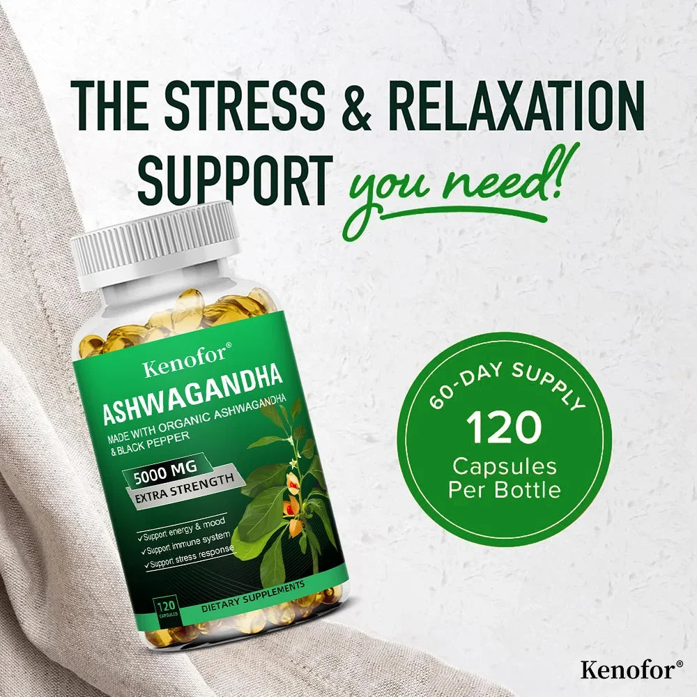 Ashwagandha Supplement 4800 Mg, Natural Adaptogen, Brain and Memory Enhancer, Improved Mood, Sleep and Energy, 120 Capsules