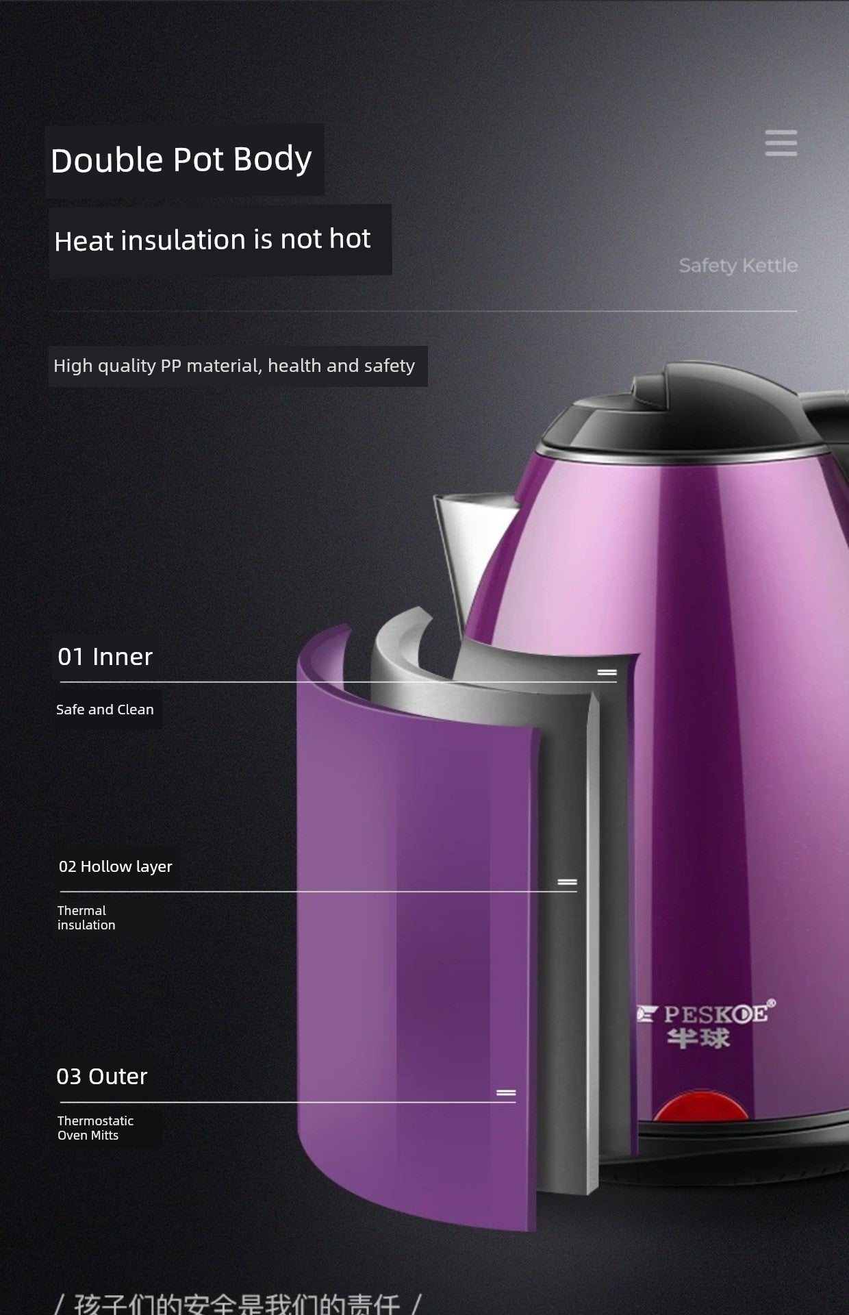 Positive Hemisphere 2L Electric Kettle Oven Mitts 304 Stainless Steel Automatic Power off and Food Grade
