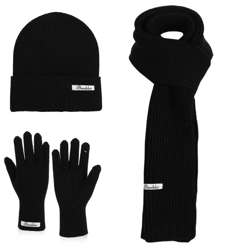 Winter Warm Knitted Hat Scarf Gloves Women's Windproof Three-piece Set