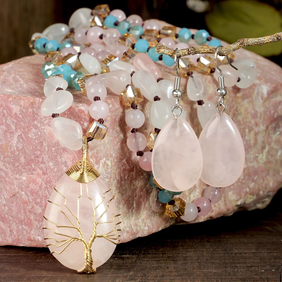 Bohemian-Style Twisted Wire Tree of Life Rose Quartz Necklace Pendant & Earrings