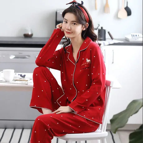 High Quality Large Size Women Cotton Pajamas Button down Tops and Trousers Set Sleepwear Homewear
