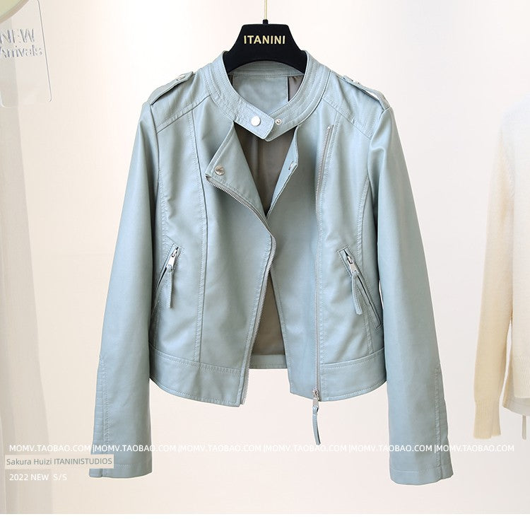 Short Stand-up Collar Slim-Fit Long-Sleeved Motorcycle Leather Coat