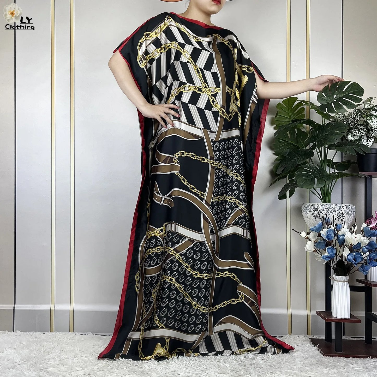 Women Printed Silk Soft Loose Maxi Party Dresses With Belt Turban