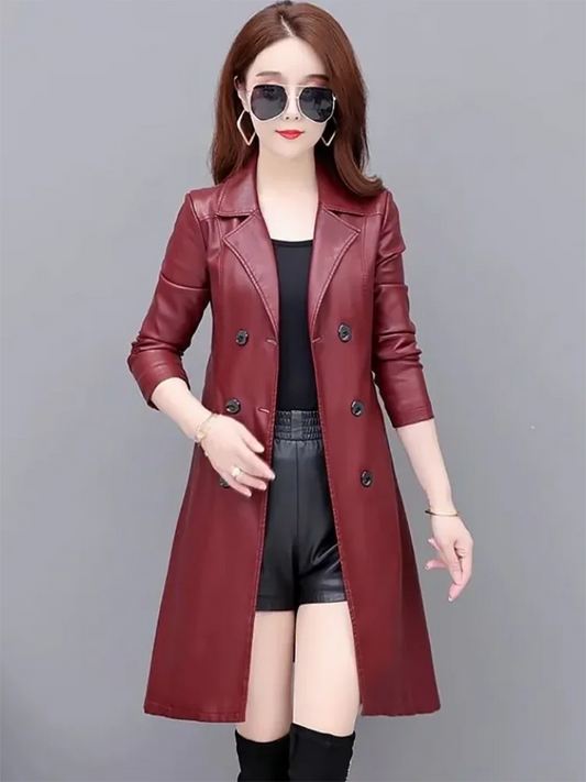 Autumn Winter Women's Chic Leather Jacket Mid-Length Slim Korean Sheepskin