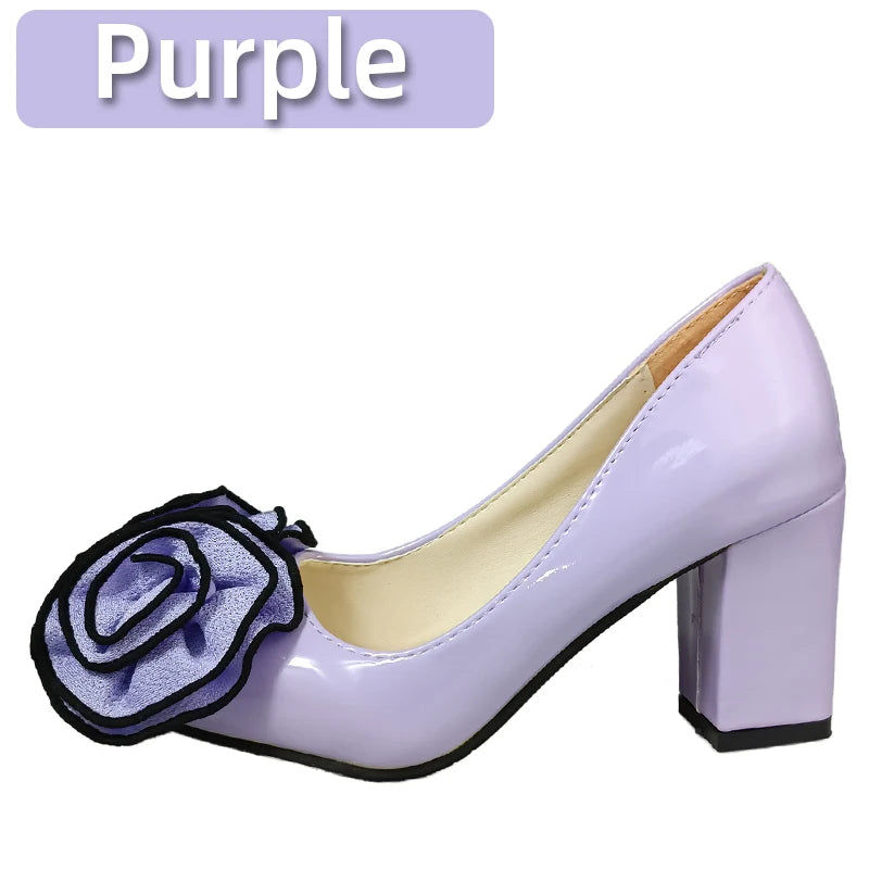 Big Flower Rose 7cm Square Heels Pumps Women Shoes