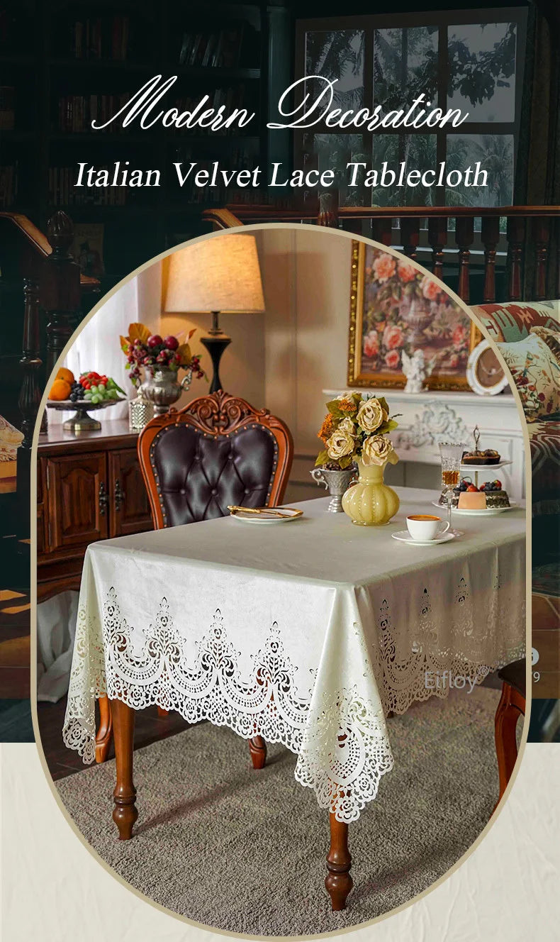 EIFLOY-Italian Velvet Tablecloth Rectangle, Luxury Lace Table Cover, Soft Dining Table Cloth, European, Party Table Decoration