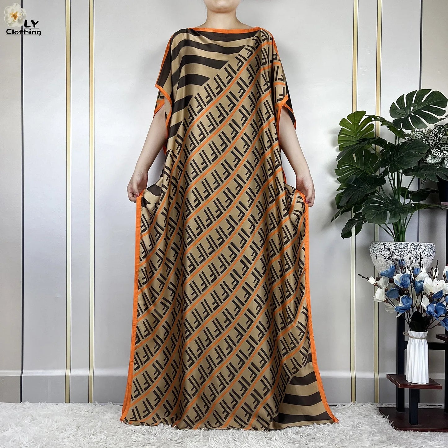 Women Printed Silk Soft Loose Maxi Party Dresses With Belt Turban