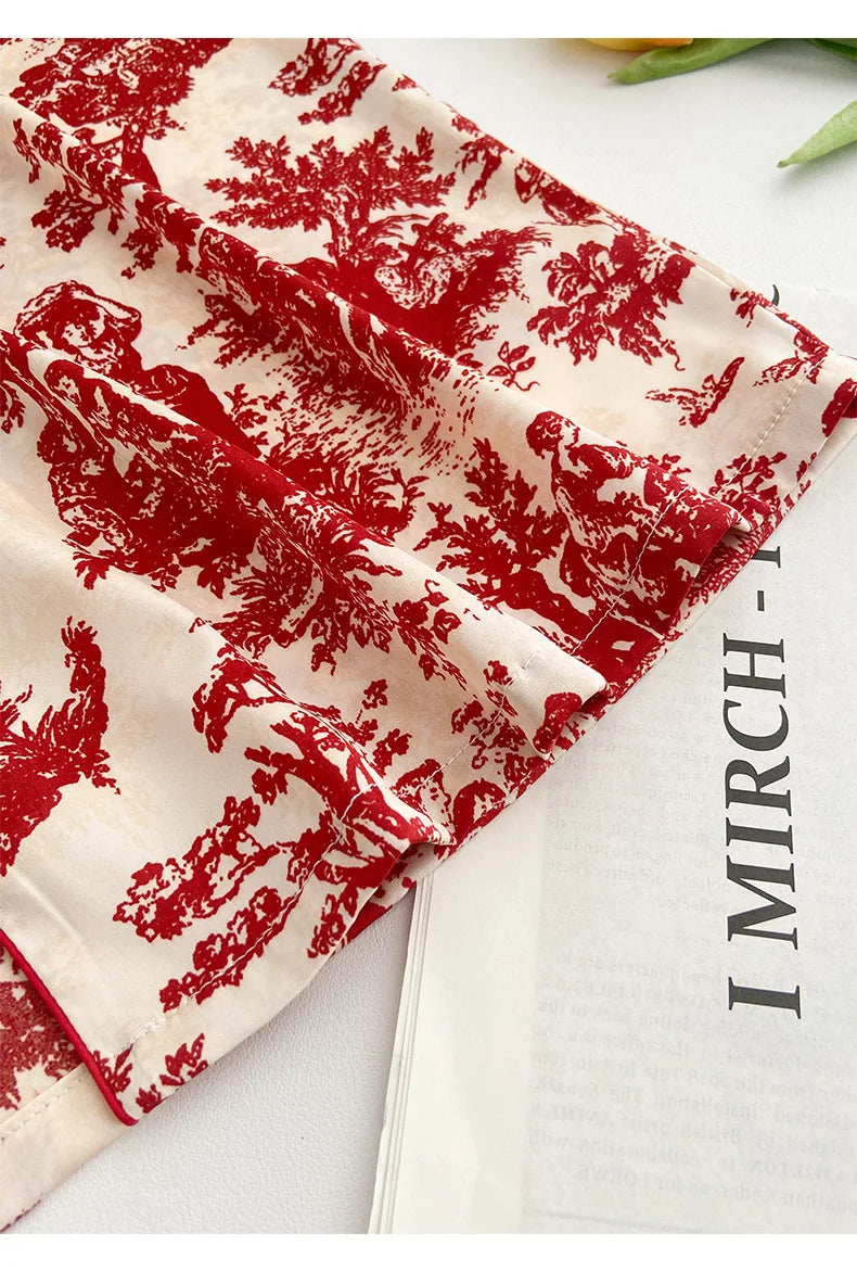 Red Sexy Pajamas Set Lapel Shirt & Pants for Lady Summer Spring 2Pcs Nightwear