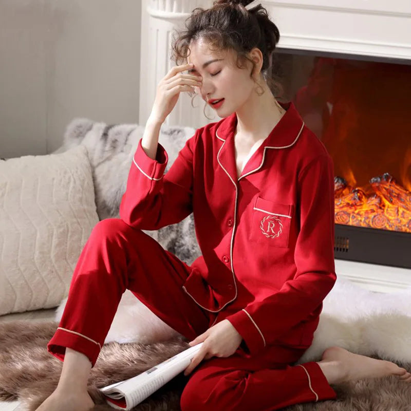 High Quality Large Size Women Cotton Pajamas Button down Tops and Trousers Set Sleepwear Homewear