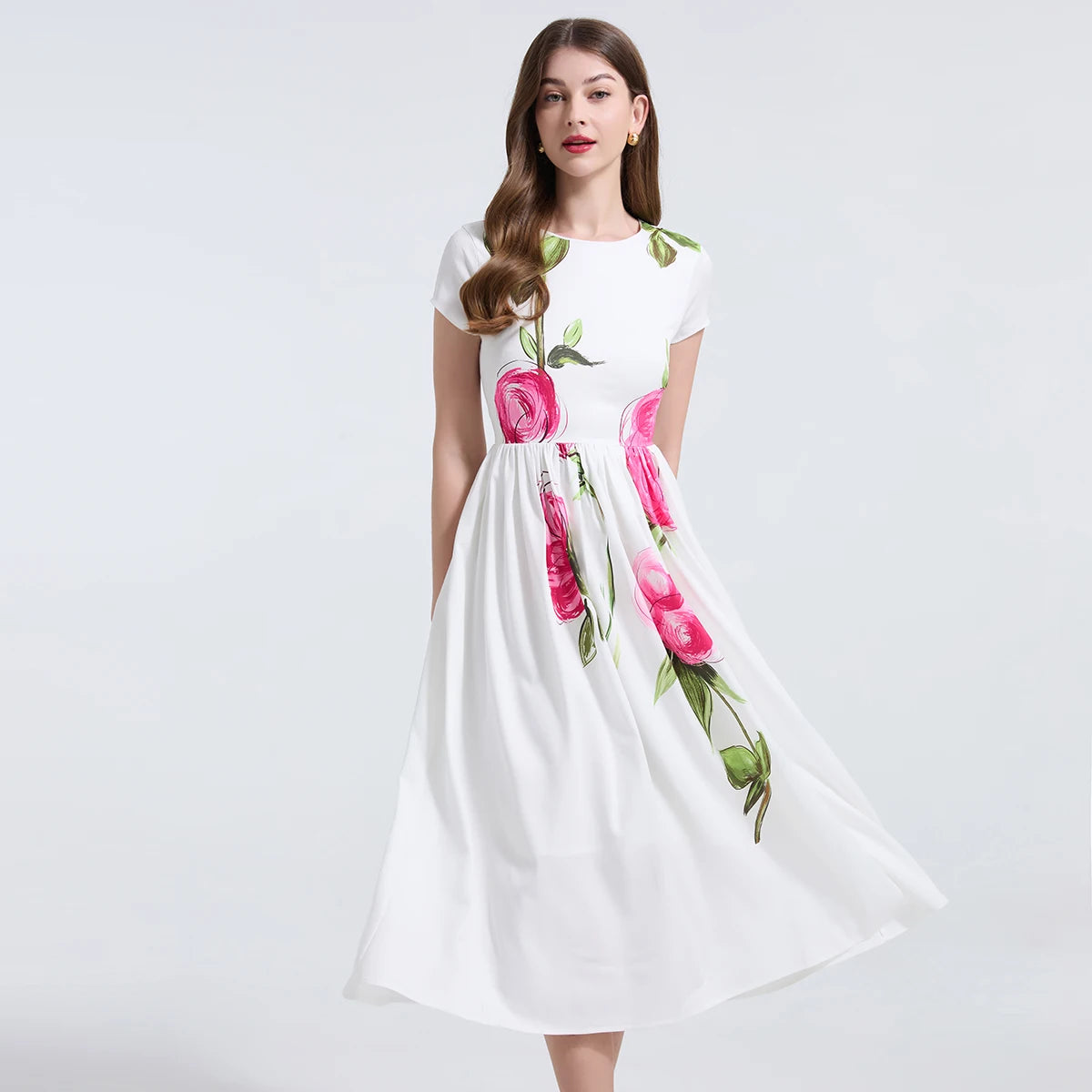 Summer French Women's Retro Pink Flower Waist Cinching Slimming Big Swing Dress Elegant Anti-aging Short Sleeved Skirt