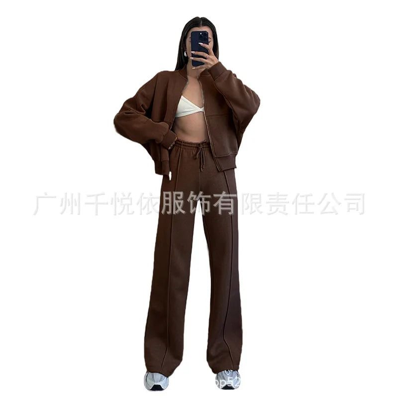 Women Casual Solid Pant Sets Two Piece Sweatshirts Full Sleeve Zipper Coats Long Pants Pockets Autumn Winter