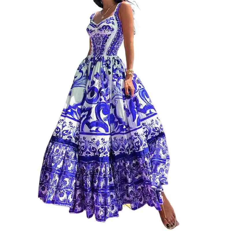 Elegant Summer Bohemian Sling Print Sleeveless A-line Long Dress