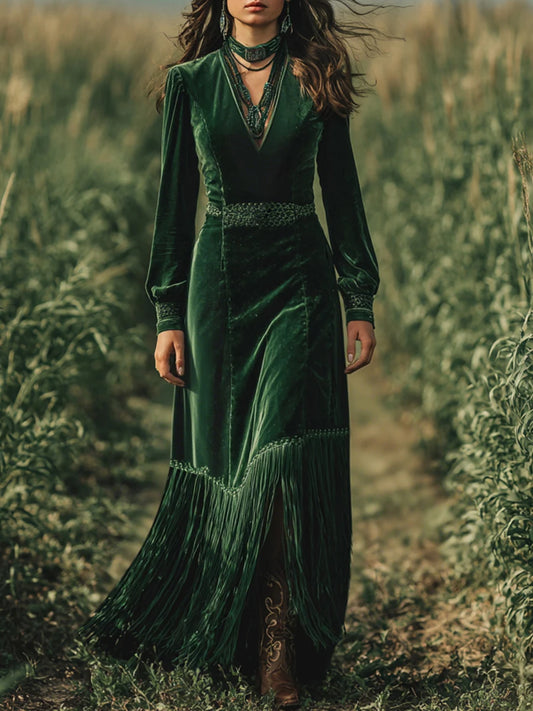 Elegant Women A-Line Velvet Dress Fringe Hem Long Sleeve High Waist Lantern Sleeves
