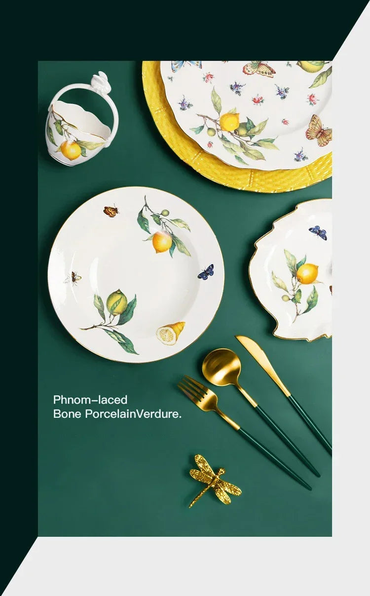 Europeanc Style Ceramic Dining Plate Elegant Lemon Pattern Dinner Steak Plate Coffee Cup Set Western Cuisine Dessert Plate