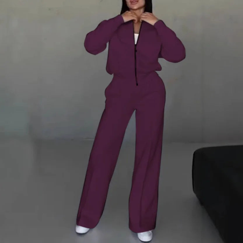 Women Casual Solid Pant Sets Two Piece Sweatshirts Full Sleeve Zipper Coats Long Pants Pockets Autumn Winter