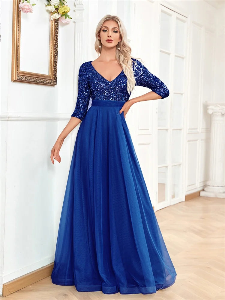 Luxury Floor Length V-Neck Evening Dress Party Maxi Dress Sequin Short Sleeves Prom Cocktail Gown