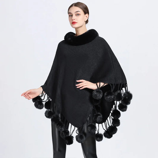 Women's Elegant Poncho Coat Faux Fur Collar Balls Autumn or Winter Knit Pullover Cape