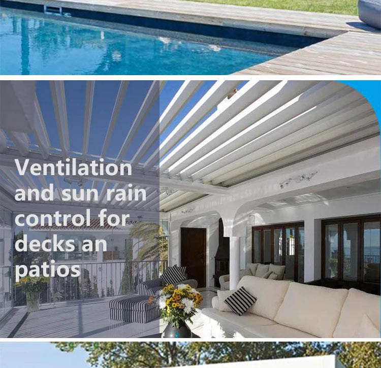 Aluminum pergola, rainproof, electrically adjustable gazebo, electric louvered awning, outdoor patio sunshade.