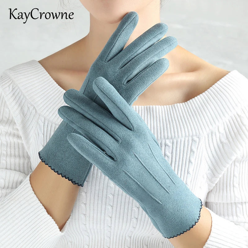 Women Slim Vintage Windproof Touch Screen Suede Winter Gloves
