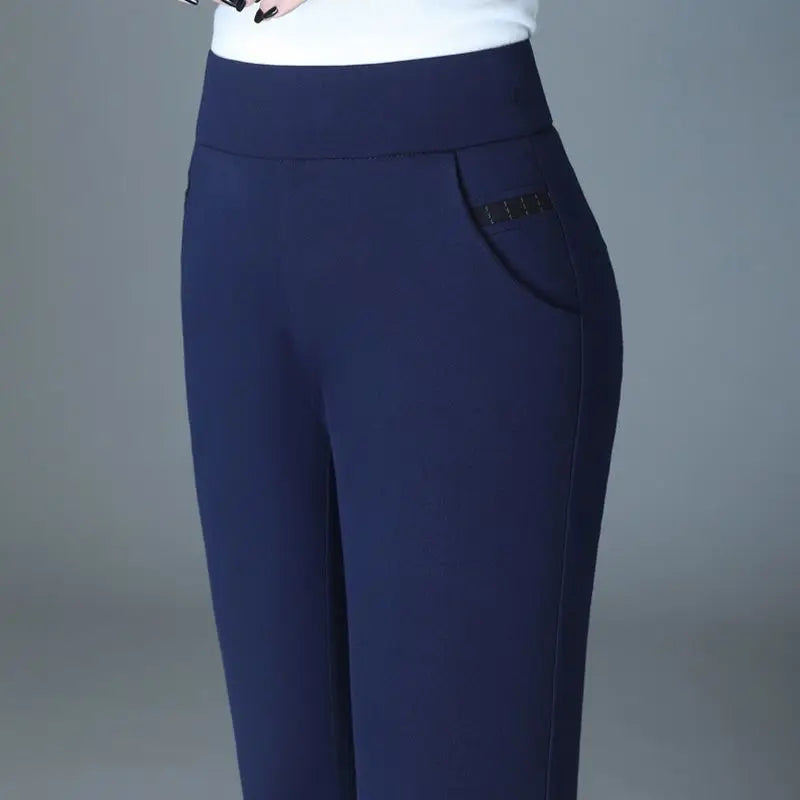 Women Slim Pencil Pants Spring Autumn High Waist Elastic Pockets Solid Elegant