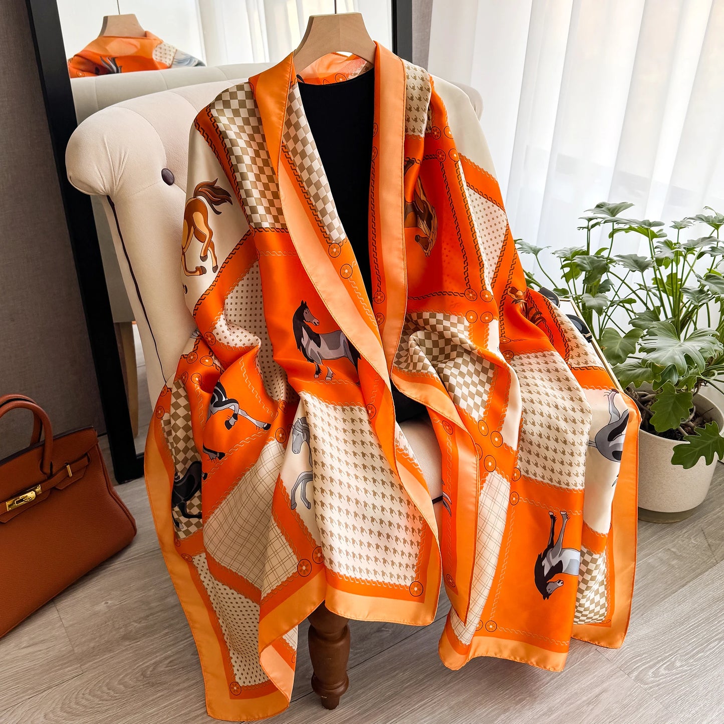 Women's 180x90cm Silk Scarf Luxury Soft Smooth Long Shawl Wrap Turban Fashion Accessory for Outdoor Beach Sunscreen