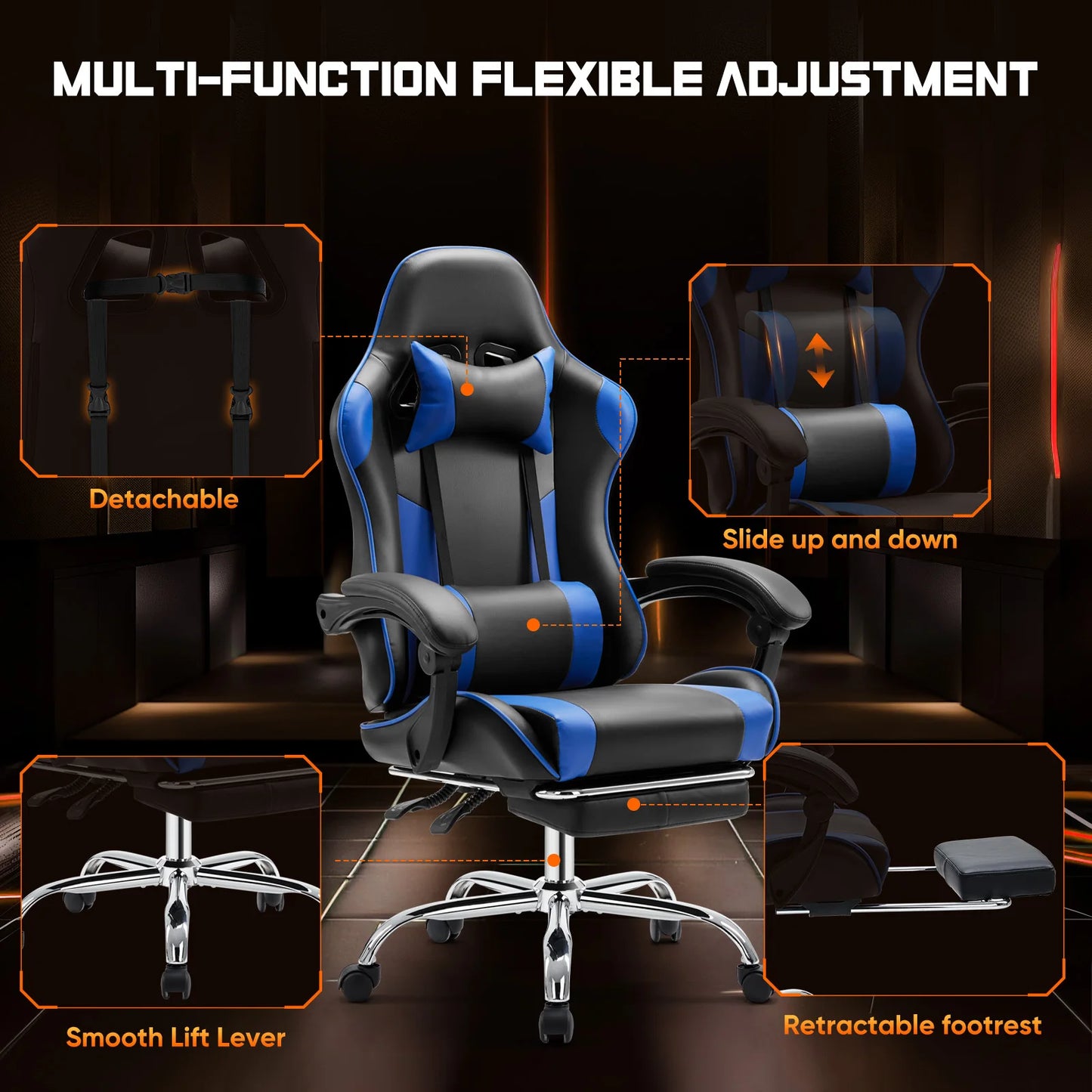 Ergonomic Racing Gaming Chair Adjustable Swivel PU Leather with Headrest and Lumbar Support